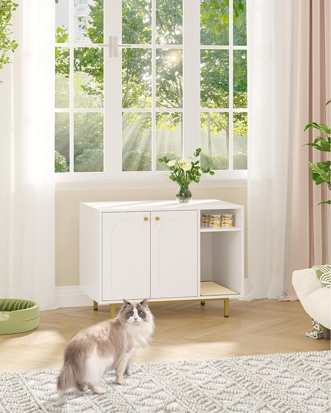 Hzuaneri Cat Litter Box Enclosure,Hidden Litter Box Furniture with Storage, Large Wooden Cabinet with Sisal Mat, Modern Cat Washroom for Living Room, Bedroom, Entryway, White and Gold 01503GCLB