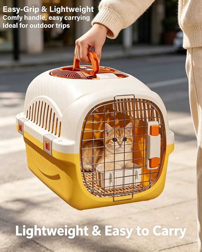 Cat Carrier Airline Approved, Portable Pet Travel Crate with Anti-Stress Design for Cats & Small Dogs, Car Safe Kennel with Top Window (Yellow)