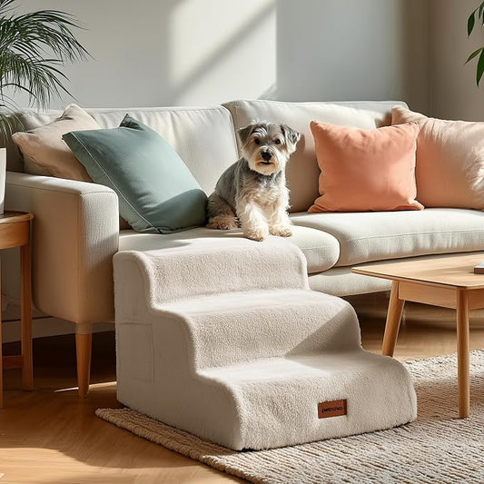 PETNOVO Ultra-Soft Faux Fur Dog Stairs for Bed and Couch, 3-Step Dog Steps for Small Dogs, Non-Slip Foam Pet Stairs, Washable Cover, 15.7" D x 22.4" W x 15.7" H, Off-White
