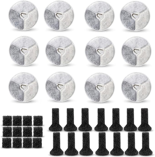 Water Fountain 12 Packs Dog Water Fountain Filters & 12 Packs Pump Filters Sponges Replacement&12Packs Sponge Stick, Pet Water Fountain Filter