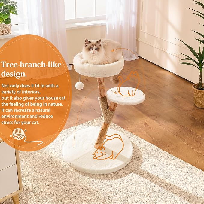 YOCAN Modern Cat Tree Tower for Indoor Cats, 2-Tier Cat Furniture with Natural Wood Posts, Soft Plush Bed, Scratching Post & Hanging Ball Toy, Stylish Cat Climbing Tower