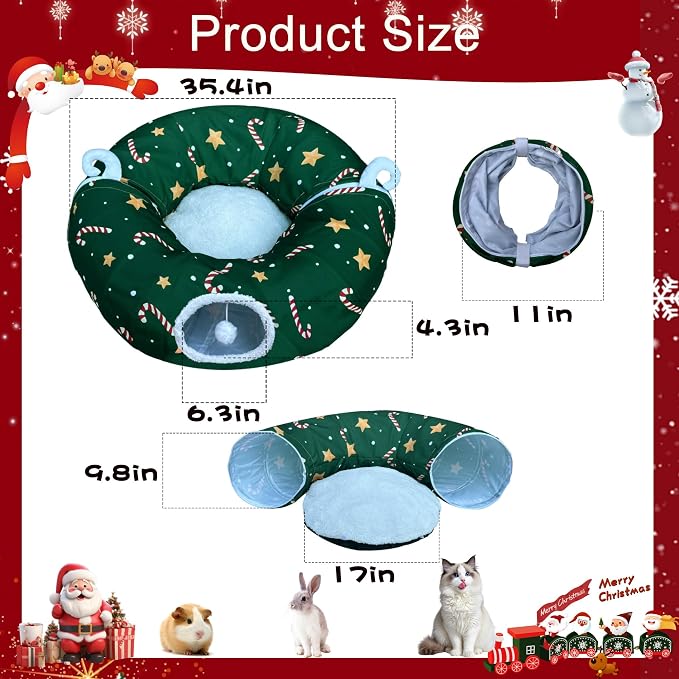 Cat Tunnel Bed in Christmas Style with Star, Crutches Candy, and Snowflakes Patterns - 3FT x 3FT x 9.8 INCH Size Green Decorative for Festive Felines