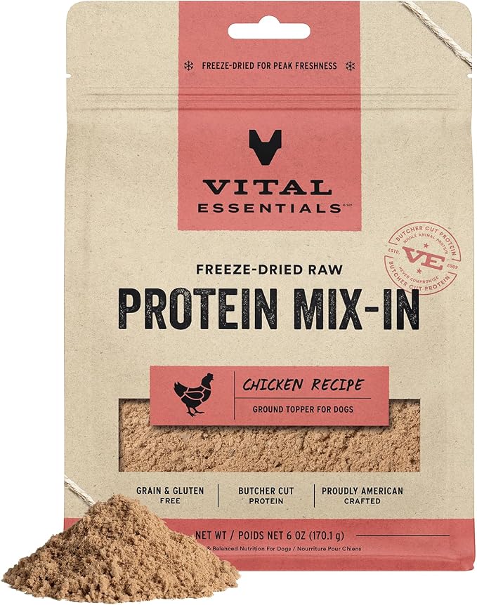 Vital Essentials Freeze Dried Dog Food Topper, Raw Chicken Ground Topper for Dogs | High Protein, Grain Free Dry Dog Food Mix-in | 6 oz Bag