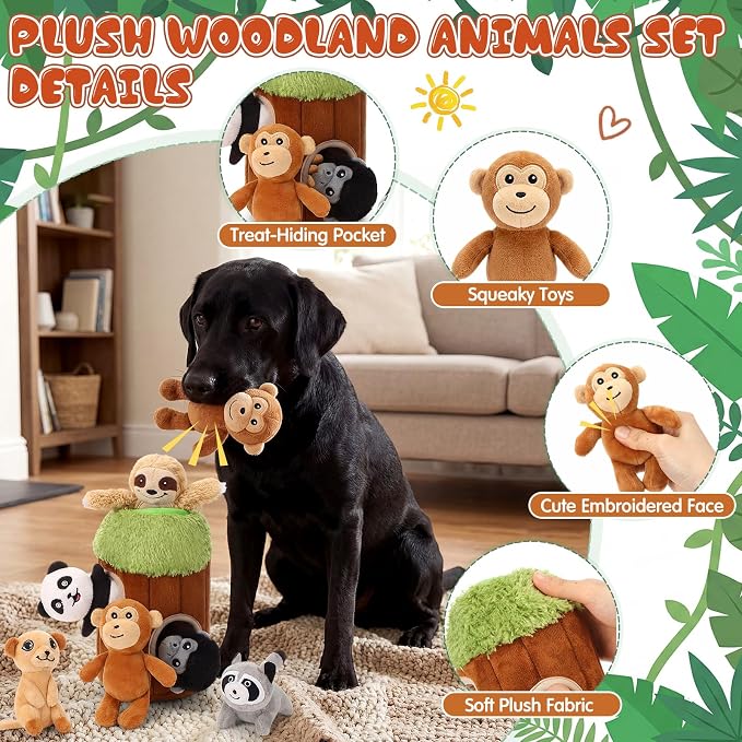 Skylety 7 Pieces Hide and Seek Dog Toys Activity Puppy Chew Squeaky Toys Plush Stuffing Woodland Stuffing with Squeakers for Small Medium Pets Dogs Puppy Gift(Funny,Small)