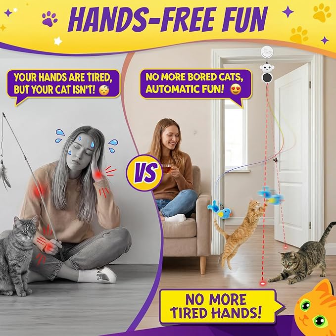 Interactive Cat Toys for Indoor Cats, 2-in-1 Laser Pointer Cat Toy with Automatic Flying Bird & Mouse Wand, Adjustable Speed USB Rechargeable Doorway Hanging Toy for Bored Kittens and Adult Cats
