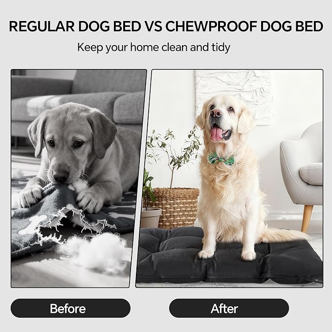 HOMBYS Chew Proof Indestructible Dog Bed with Reinforced Metal Rivets for Aggressive Chewers, 41"x28" Durable Pet Crate Mat, Washable Tough Kennel Pad for Large Dogs, Black