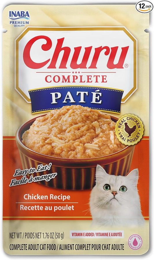 INABA Churu Complete Pate for Cats, Grain-Free, High Protein & Moisture, Wet Cat Food with Fish Oil, 1.76oz. Pouch, 12 Pouches, Chicken Recipe