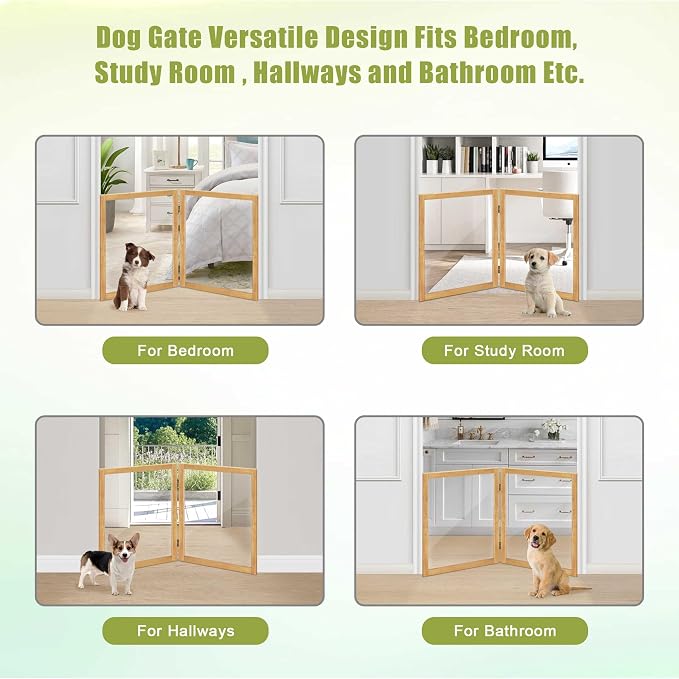 LZRS Clear Dog Gate for Indoor Use - Transparent Pet Fence with Solid Hardwood and Plastic Board, Stylish & Durable freestanding Pet Gate for Doorways, Stairs and Hallways-2 Panel Natural