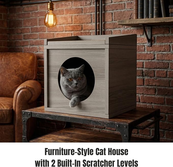 Meowdium Cat House for Indoor Cats – Cat Condo with 5X Longer-Lasting Cardboard Scratcher, 2 Scratcher Levels, Hideout & Top Lounge, Gray