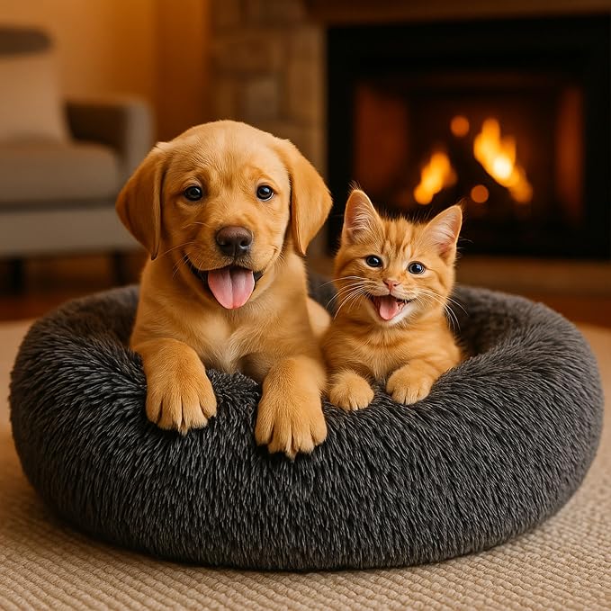 Calming Dog Bed - Fluffy Donut Cuddler for Anxiety Relief, Orthopedic Pet Bed with Non-Slip Bottom, Cozy Round Faux Fur Nest for Dogs and Cats, Plush Crate Mat for Comfort (Dark Grey, Medium)