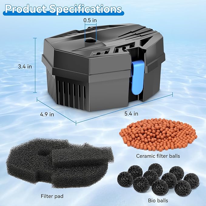 POPOSOAP Pond Filter for Outdoor Ponds, Small Filter Box with Filter Pads, 10 Bio-Balls & Ceramic Rings for Outdoor Pond Pump Submersible Fountain Pump