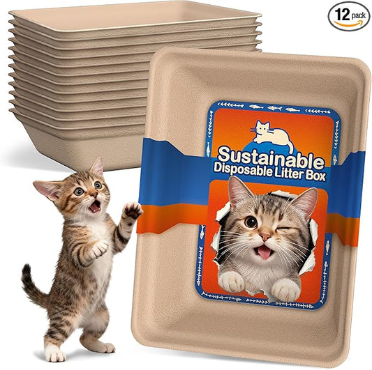 12-Pack Disposable Cat Litter Boxes: Leak-Proof & Odor-Control Cat Trays | 17.5''x13.6'' Eco-Friendly Easy Disposal Litter Box for Travel Indoor or Emergency Use Standalone or as Liner No Scrubbing