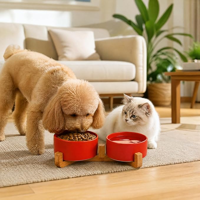Petygooing Dog Bowls,Ceramic Cat Dog Bowl Set with Wood Stand for Food and Water,Non-Slip Cute Modern Pet Dish for Cats Small Size Dogs Puppy (13.5OZ/5.1 in) Rust Red