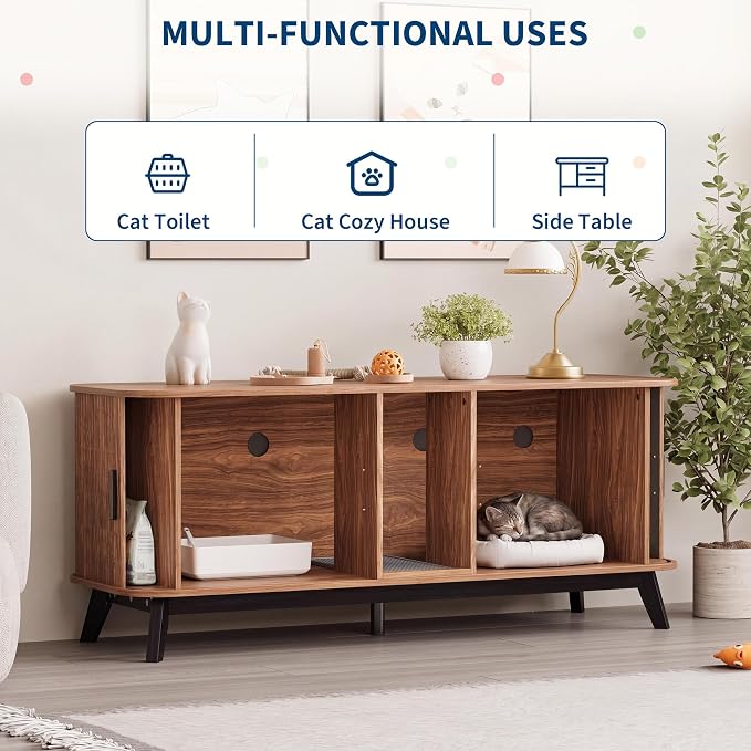 Garvee Cat Litter Box Enclosure for 2 Cats, 59" Hidden Litter Boxes Furniture with Sliding Door and Cat Litter Mat, Large Indoor Pet House, Wooden TV Stand Side Table, Walnut