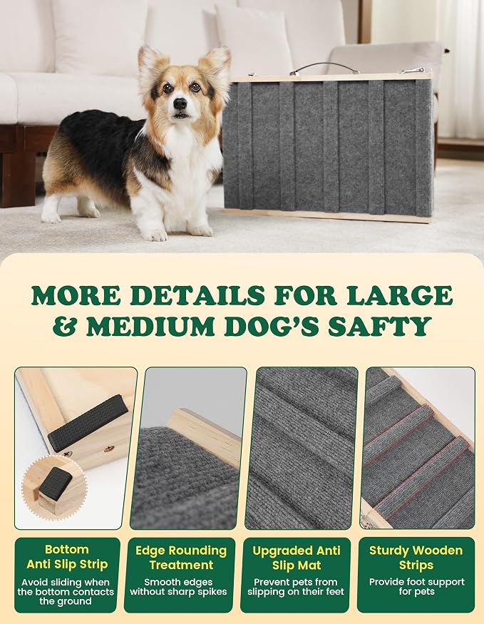 Dog Ramp Dog Stairs for Large Dogs Foldable Dog Ramp with 5 Adjustable Heights from 13.98'' to 27.56" Wood Pet Ramp with Non Slip Carpet Portable Puppy Ramp for Couch, Sofa, Bed, Car