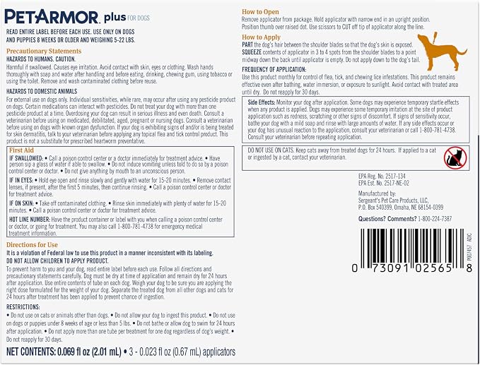 PetArmor Plus Flea and Tick Prevention for Dogs, Small Dog Flea and Tick Treatment, 3 Doses, Waterproof Topical, Fast Acting (5-22 lbs)