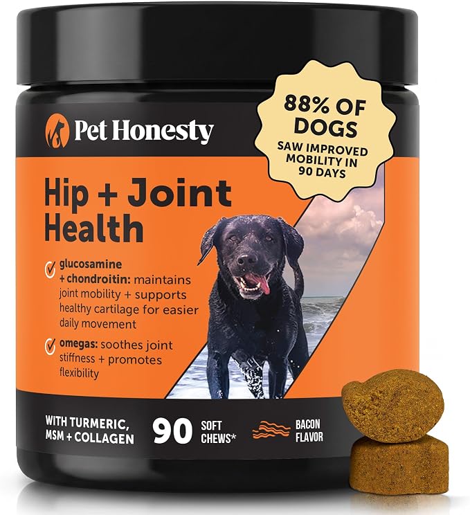 Hip + Joint Supplement for Dogs with Glucosamine Chondroitin - MSM, Turmeric & Collagen Soft Chews - Joint Function, Stiffness, and Mobility Support, May Reduce Occasional Discomfort (Bacon, 90 Ct)