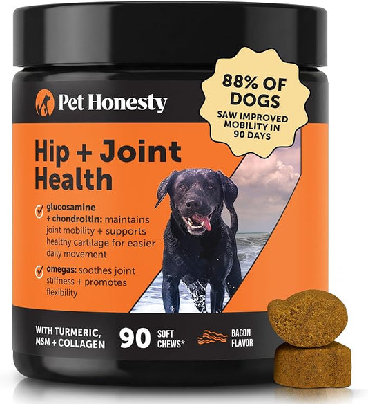 Hip + Joint Supplement for Dogs with Glucosamine Chondroitin - MSM, Turmeric & Collagen Soft Chews - Joint Function, Stiffness, and Mobility Support, May Reduce Occasional Discomfort (Bacon, 90 Ct)