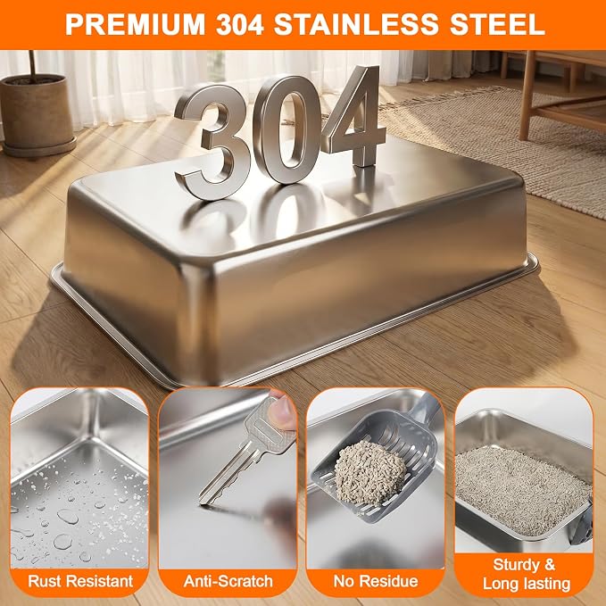 XLarge Stainless Steel Litter Box with Flip Top Lid, High Sided Enclosed Metal Cat Litter Pan, Dog Proof Odor Control Easy Clean, Includes Litter Mat & Scoop, Step Pedal, Carbon Filter, Gray-XL