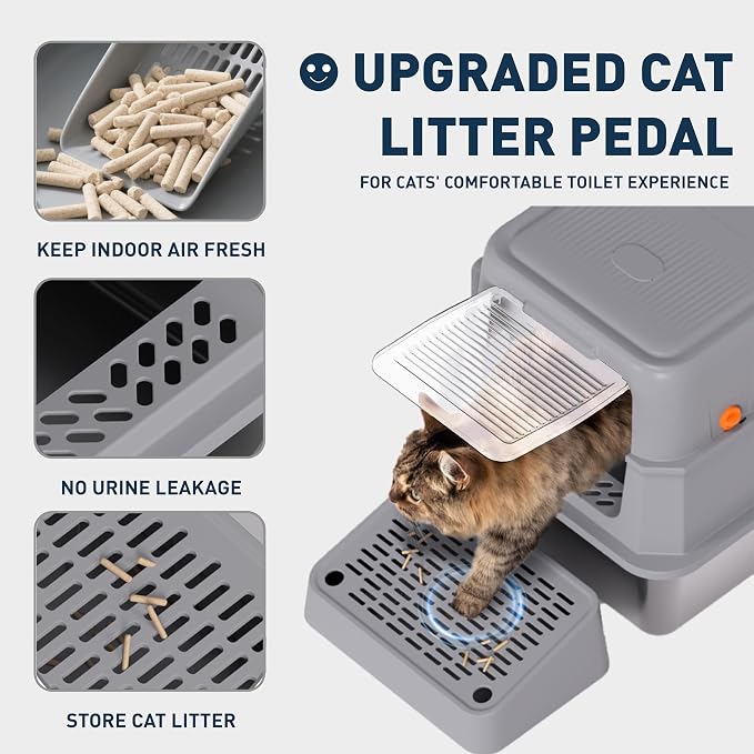 Stainless Steel Cat Litter Box - Gray High-Sided Enclosed Design, Anti-Leak, Reduces-Odors, Non-Sticky, Easy to Clean, Metal Cat Litter Box, High Side Includes Scoop and Steps, Large Capacity Kitty