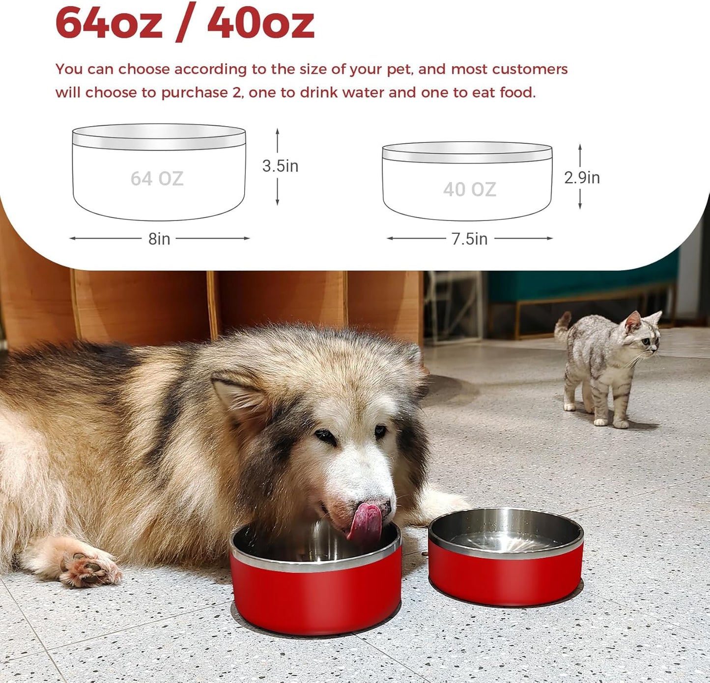 Dog Bowl, Stainless Steel Dog Food and Water Bowl with Non Slip Quiet Bottom, Easy to Clean, Dishwasher Safe, 64oz, Red