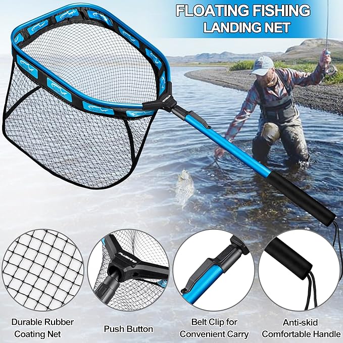 PLUSINNO Floating Fishing Net for Steelhead, Salmon, Fly, Kayak, Catfish, Bass, Trout Fishing, Rubber Coated Foldable Landing Net with Fixed or Telescoping Pole Handle, Fishing Gear and Gifts for Men