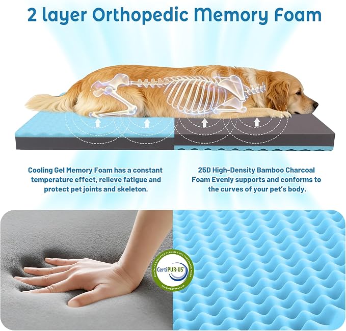 Cooling Dog Bed for Large Dogs, Orthopedic Memory Foam Pet Bed for Crate with Removable Washable Cover,Ideal for Arthritic Dogs (Cooling Fabric, Large-35"x 22" x 3")