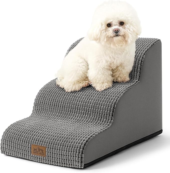 COZY KISS Dog Stairs for Small Dogs 15.7" H, Curved Dog Step for Puppy, Older Cat, Medium Pet Ramp for Sofa, Couch or Chair, Ladder with High Density Foam, 3 Step, 15.7x22.4x15.7 inch, Dark Grey