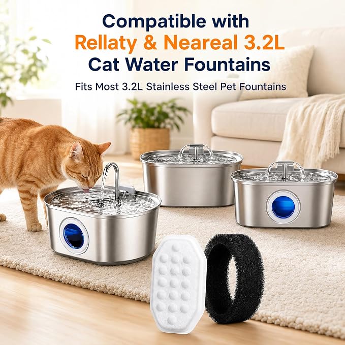 40 Pack Cat Water Fountain Filters-Cat Fountain Replacement Filters for Stainless Steel 3.2L/108oz Adjustable Water Flow Cat Fountain(20 Pack Pet Water Filter Refills+20 Pack Sponges)