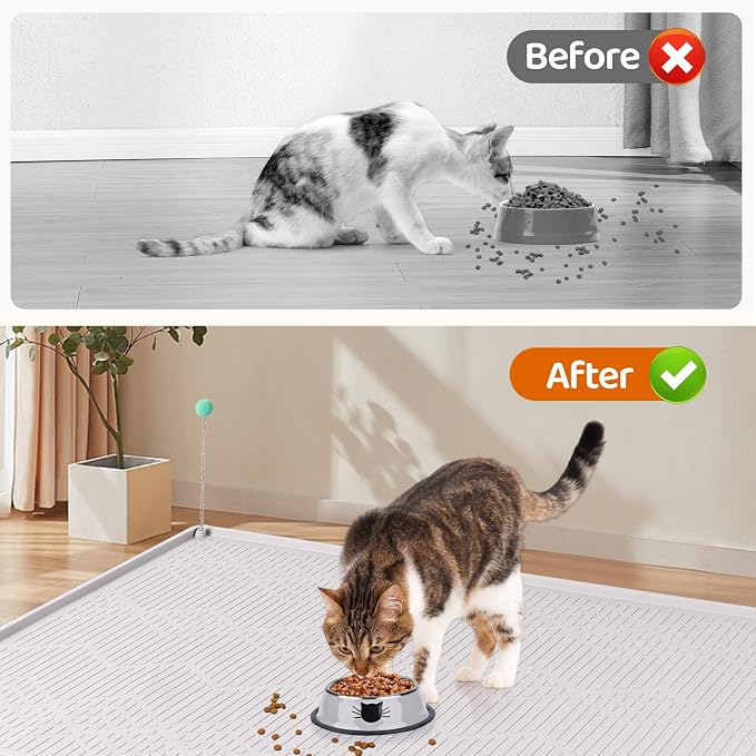 Cat Food Mat with Toy Ball, 34'' x 22'' Extra Large Silicone Pet Feeding Mat with Raised Edge Pet Placemat for Food and Water Bowl Non-Slip, Easy to Clean, Floor Protection (White)