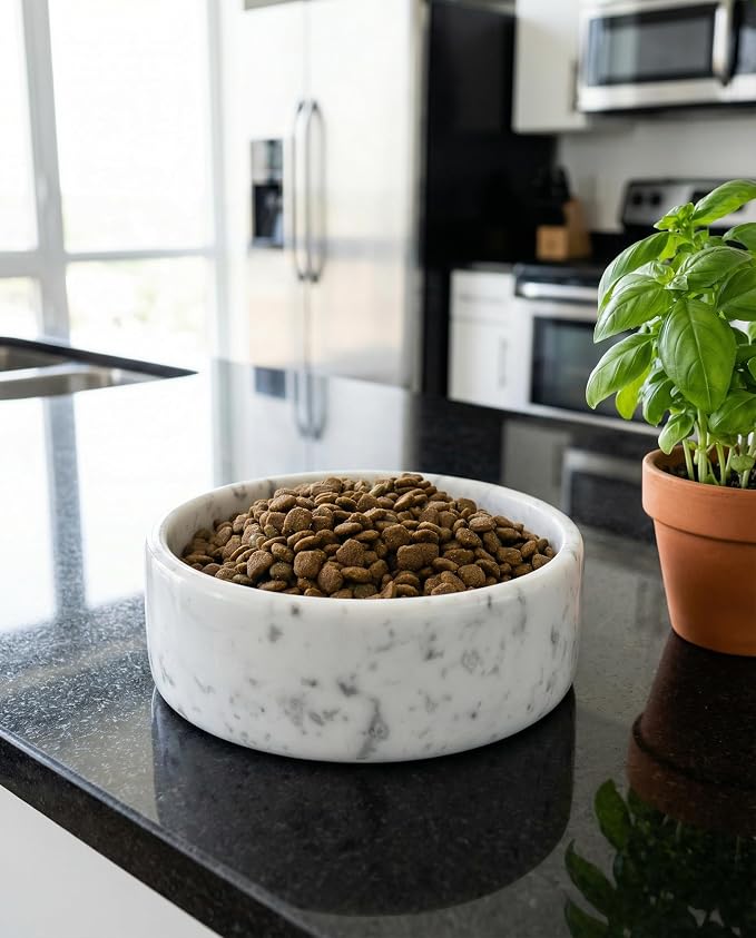 OOBOOB Natural Marble Dog Bowls, Non-Slip Heavyweight Dog Food Bowl and Dog Water Bowl for Dogs and Cats, Minimalist Design with Unique Veining, 32 Oz Capacity for Small to Medium Pets