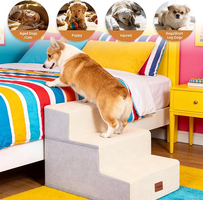 Dog Stairs for Small Dogs, 13.5" H, 3-Step Pet Steps for Bed Couch Sofa and Chair, Non-Slip Balanced Pet Ramp for Injured & Senior Pets with Washable Cover and Durable High Density Foam,Beige