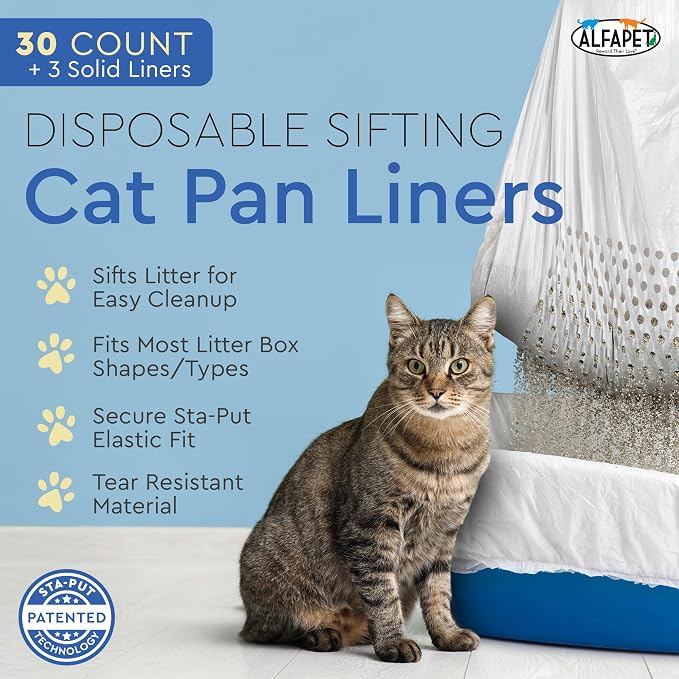 Alfapet Sifting Cat Litter Box Liners - Jumbo 30 Count, Pack of 5 - Tear-Resistant Cat Litter Bags, Waterproof Kitty Litter Liners, Fits Litterbox Pan Sizes X-Large, X-Giant, 37" x 18" 30 lb Capacity