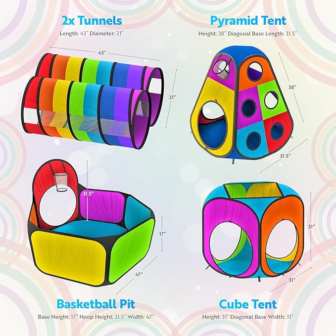 Playz 5pc Kids' Play Tents & Tunnels - Ball Pit for Toddlers, Basketball Hoop, Crawling Tubes, Pop-Up Playhouses, Baby Obstacle Course for Indoor or Outdoor Use