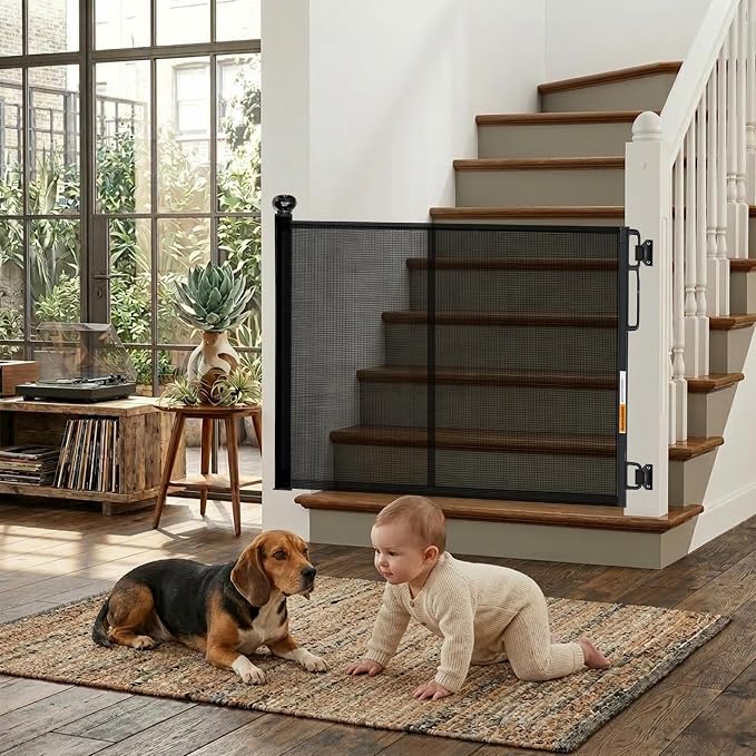 Retractable Baby Gate - 72" Wide Mesh Dog Gate with Support Rods - 34" Tall for Stairs, Doorways, Hallways - Drill or No-Drill - Pet & Cat Gate - Outdoor/Indoor (Black, 5.91 Feet)