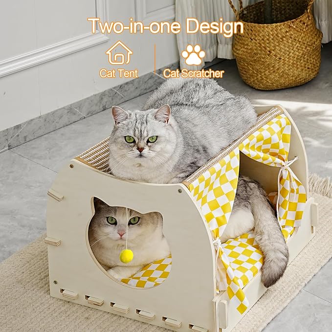 VARMTOR Cat House Indoor, Cat Cave, Modern Kitten Bed with Scratch Pad and Fluffy Ball, Wooden Frame with Cushion and Curtains (M, Double-Layer)