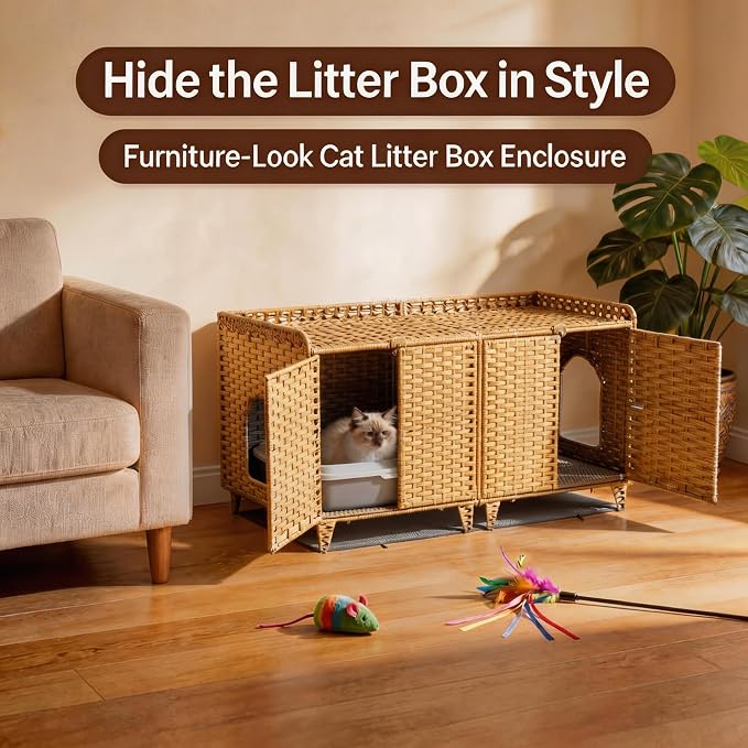 Cat Litter Box Enclosure Furniture, Handwoven Rattan Cat Houses, Hidden Cat Washroom Furniture with Door/Mat, Large Space Cat Houses with S-Shaped Hooks, Living Room, Bedroom, Natural