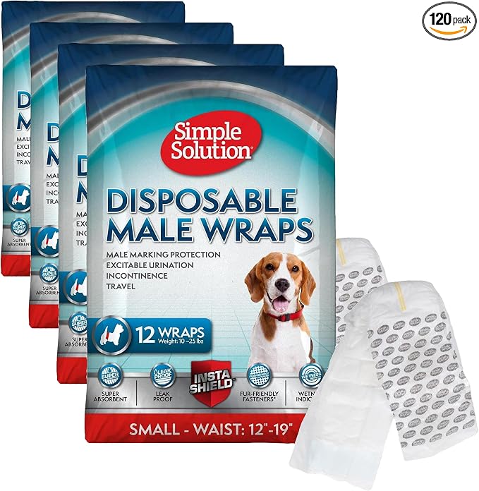 Simple Solution Disposable Dog Wraps, Male Dog Diapers, Puppy Potty Training, Incontinence and Travel Protection, Wraps for Small Dogs, 12-19 Inch Waist, 30 Count (Pack of 4)