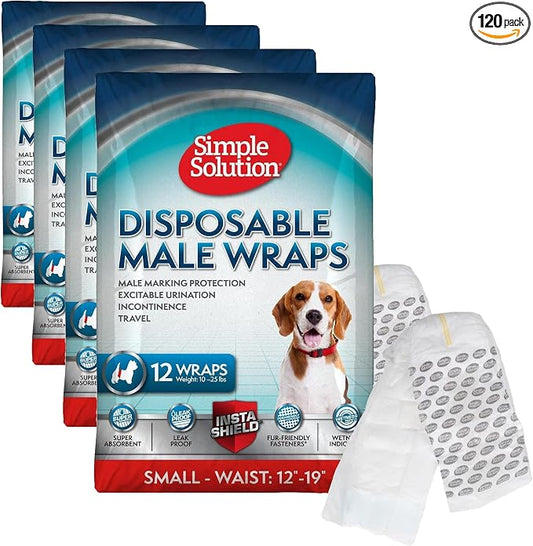 Simple Solution Disposable Dog Wraps, Male Dog Diapers, Puppy Potty Training, Incontinence and Travel Protection, Wraps for Small Dogs, 12-19 Inch Waist, 30 Count (Pack of 4)