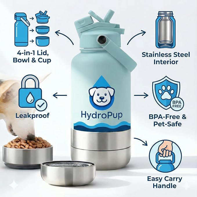Dog Water Bottle for Walking and Hiking, 32 oz with Bowl Stays Cold