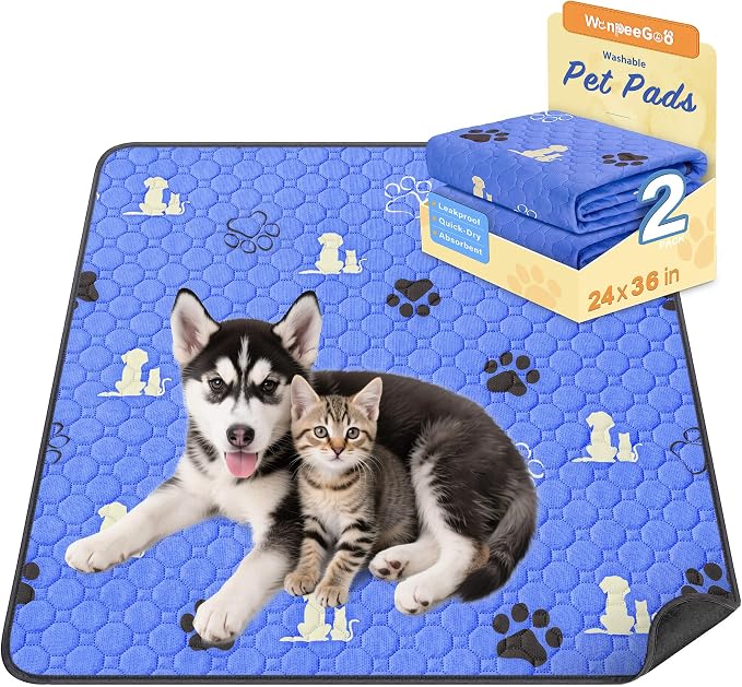 WanpeeGoo Washable Pee Pads for Dogs Mat, 2 Pack Absorbent Reusable Training Dog Pads Pet Puppy Pads, Non-Slip Potty Pads for Whelping, Playpen, Crate, Bed, Blue 24"x36"