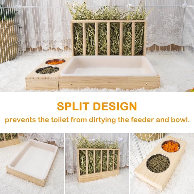 BESNEW 3 in 1 Rabbit Hay Feeder with Litter Box,Wooden Hay Feeder with 2 Bowls & Litter Box for Guinea Pig Chinchilla Bunny Other Small Animals,Large Capacity & Preventing Waste