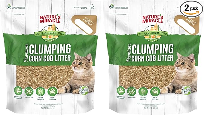 Nature’s Miracle Premium Clumping Corn Cob Litter, 10 Pounds, Made with Real Corn Cob for Fast-Clumping Litter for Multi-Cat Households (Pack of 2)