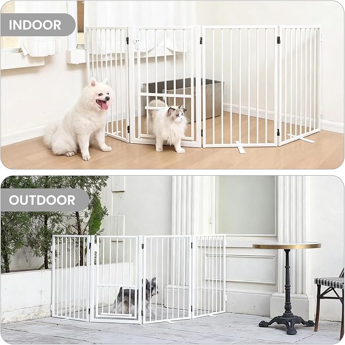 Metal Freestanding Dog Gate with Cat Door for Indoor & Outdoor,30" Tall Foldable Dog Fence,40" Extra Wide Freestanding Pet Gate for Large Openings,RV Camping,Stairs,Deck,Yard,Doorways(2 Panels,White)