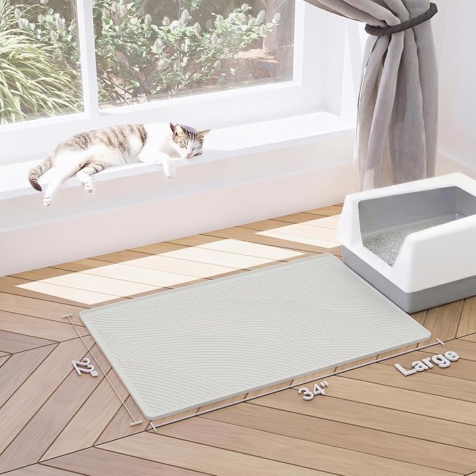 Cat Litter Box Mat - L Large Size 34 x 22 in, Water Proof, Kitty Litter Trapping Mat, Easy to Clean, Scatter Control, Odorless, Pet Supplies for Indoor Cats, Beige Gray