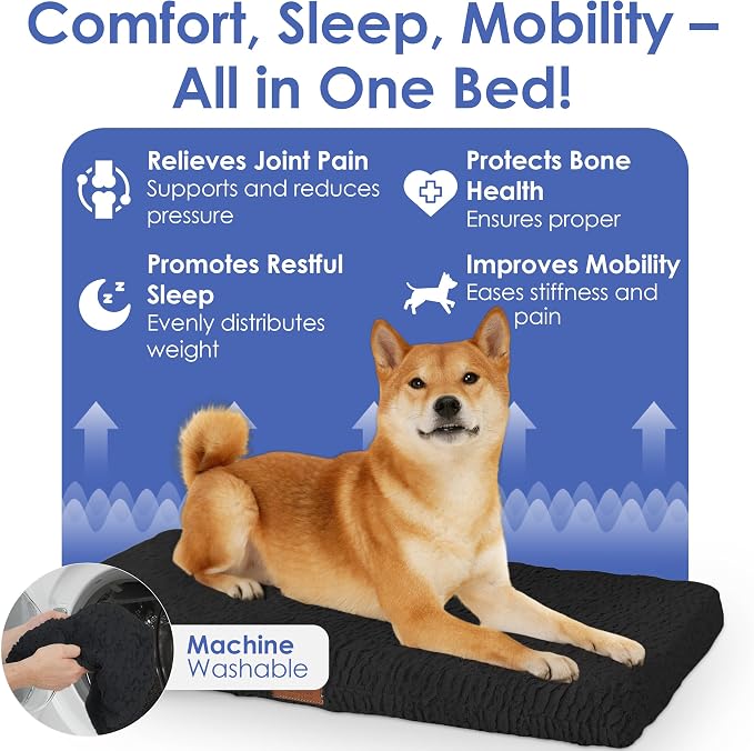American Kennel Club Orthopedic Memory Foam Dog Crate Mat, Egg Crate Foam Cushion, Washable Cover, Non-Slip Base, Eases Joint Pain, Breathable, Durable, 36x23, Black