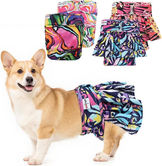 Female Dog Diapers Reusable No Tail Hole Period Panties Washable Diapers Female for Docked-Tail Frenchie French Bulldog Boston Terrier Without Tail (2 Pack Regular+2 Pack Skirts) U-WWDQB01XS