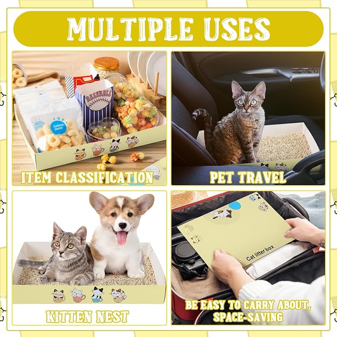 Roshtia 30 Pcs Disposable Cat Litter Box Foldable Paper Kitty Tray 13.8 x 10 x 2 Inch Portable Kitten Pan Low Entry Lightweight Cardboard(Cat Litter Box,Beige)