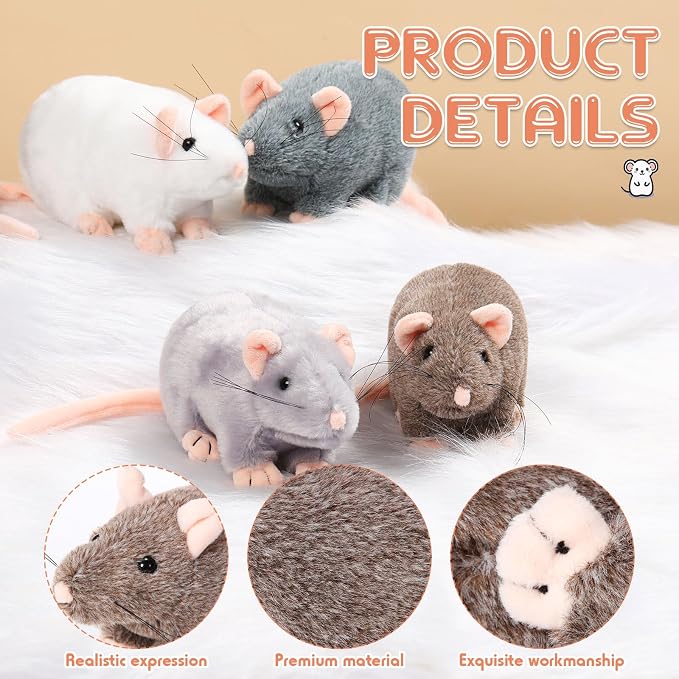Honoson 8 Pcs Rat Stuffed Animal Mouse Plush Toy 7 Inch Fake Rat Small Stuffed Mice Bulk Cuddly Realistic Plushies for Birthday Christmas Surprise Gifts(Mixed Color,Classic)