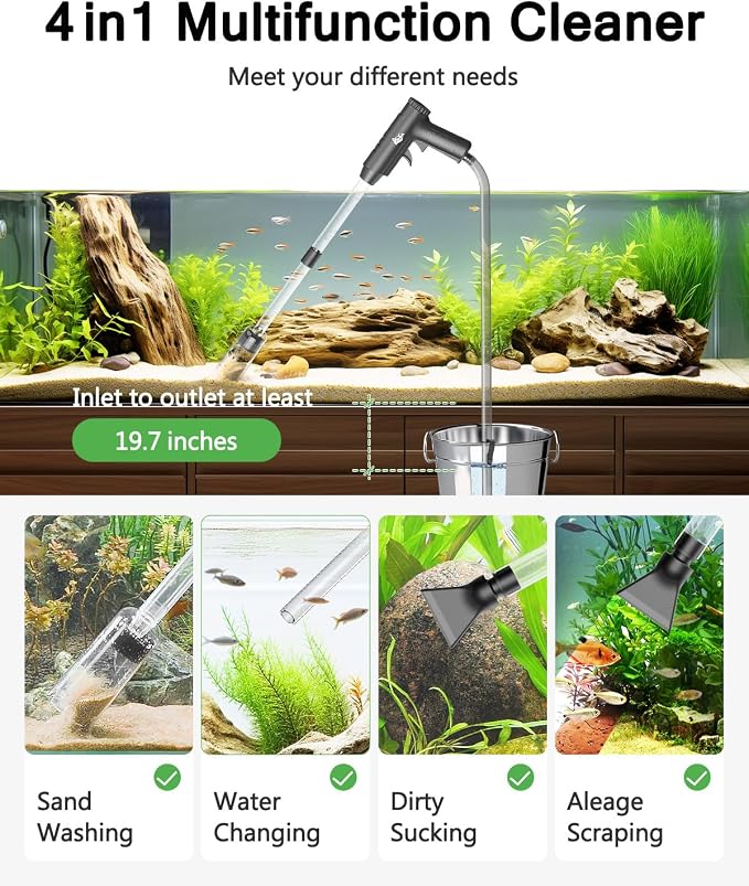 AQQA Aquarium Gravel Cleaner, 4-in-1 Upgrade Suction Power Manual Fish Tank Gravel Vacuum Cleaner Tools for Aquarium Water Changer with Water Flow Adjustment Use for Fish Tank Cleaning Gravel Sand